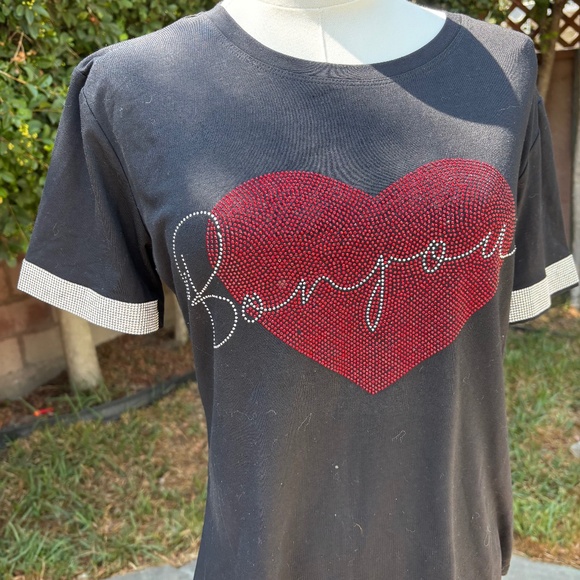 Bonjour S Black Heart Rhinestone Tee Small - Picture 1 of 5